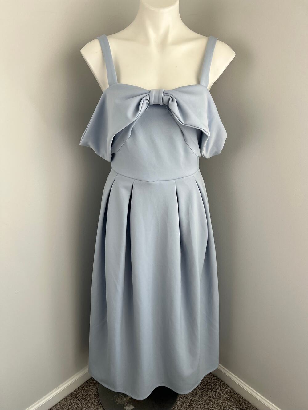 True Violet Light Blue Bow Front Pleated Midi Wedding Guest Dress 12